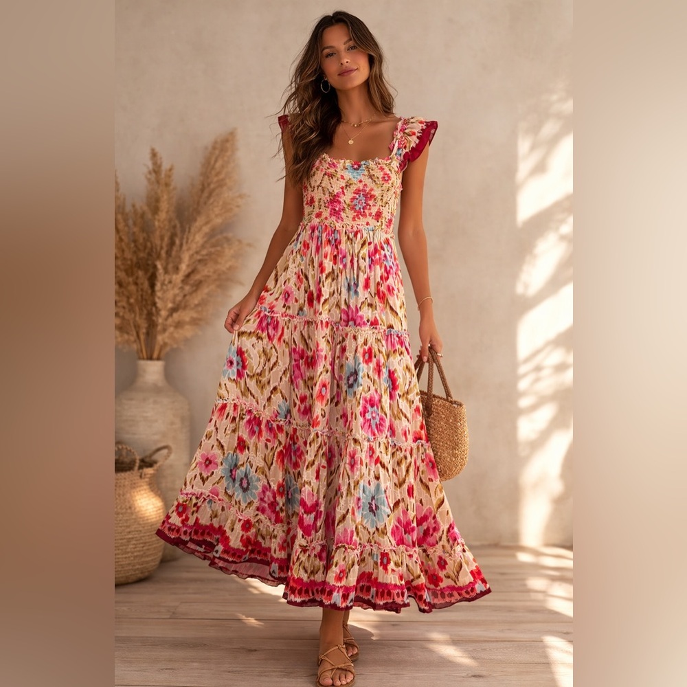 House of Harlow 1960 Smocked Floral Midi Dress Boho Resort Cottagecore Size M